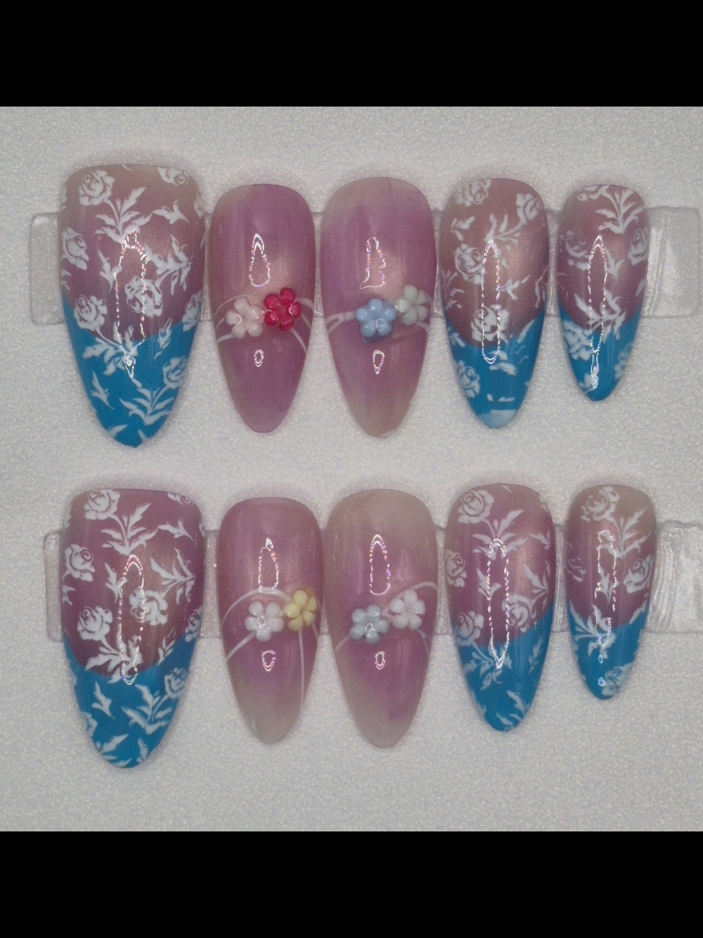 Large Almond Press On Nails Azure Rose Court Handmade